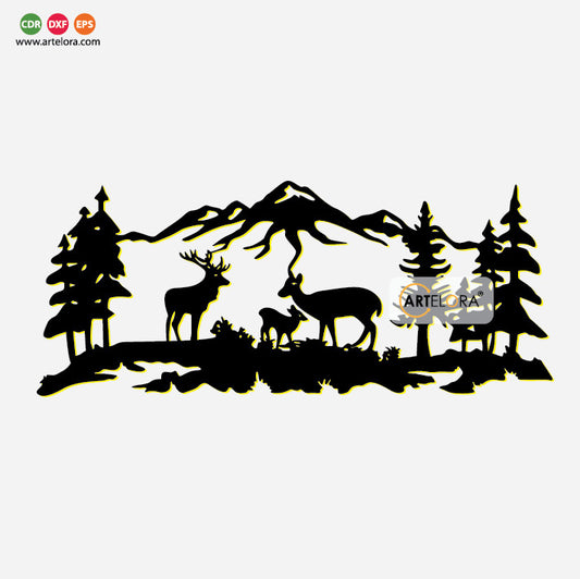 2D Modern Art Landscape Mountain Tree deer Animals